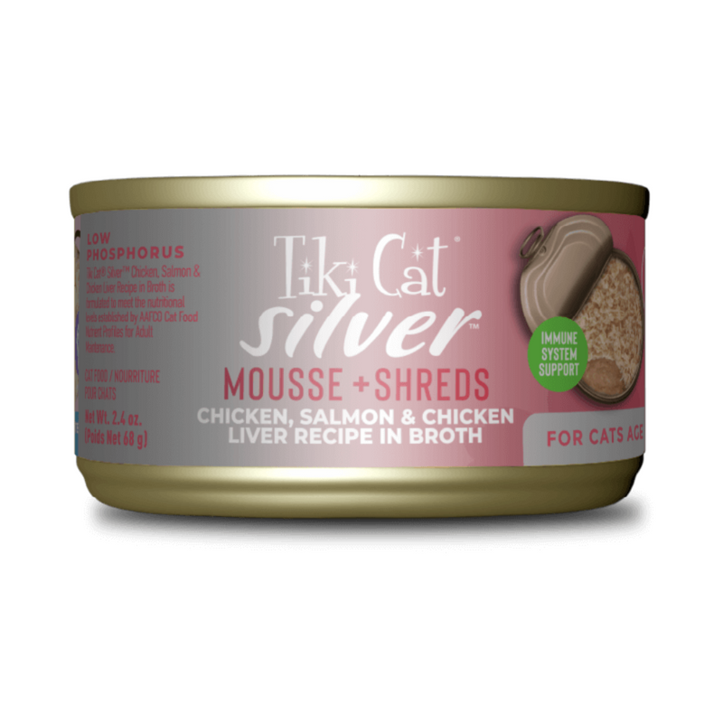 Tiki Cat Silver Mousse & Shreds Chicken, Salmon & Chicken Liver Recipe in Broth 68g