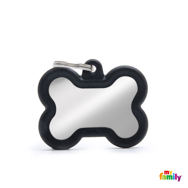 MYFAMILY ID TAG - HUSHTAG COLLECTION - CHROMED BONE WITH BLACK RUBBER - Pisces Pet Emporium