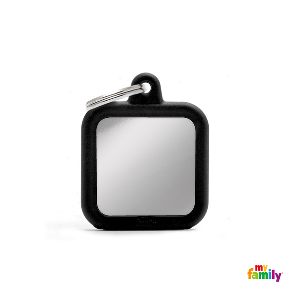 MYFAMILY ID TAG - HUSHTAG COLLECTION - CHROMED SQUARE WITH BLACK RUBBER - Pisces Pet Emporium