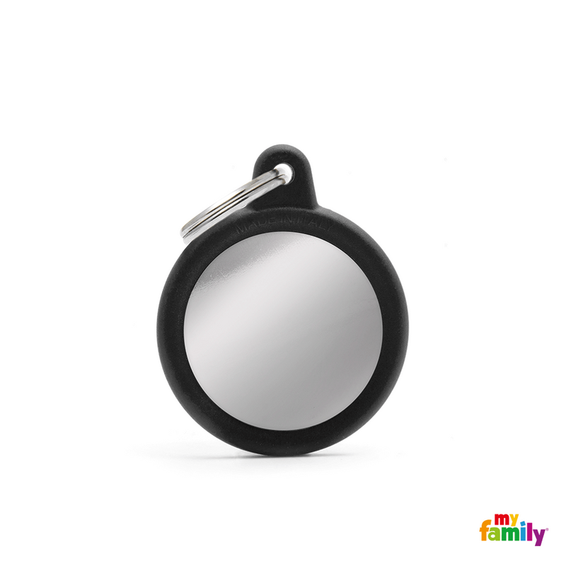 MYFAMILY ID TAG - HUSHTAG COLLECTION - CHROMED CIRCLE WITH BLACK RUBBER - Pisces Pet Emporium
