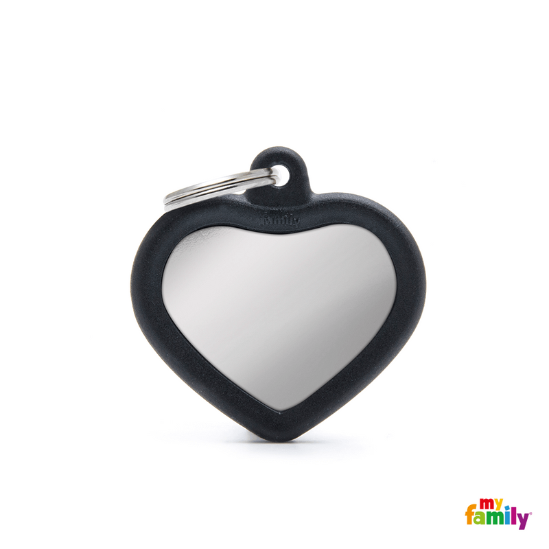 MYFAMILY ID TAG - HUSHTAG COLLECTION - CHROMED HEART WITH BLACK RUBBER - Pisces Pet Emporium