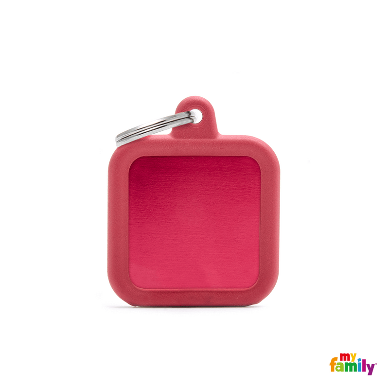 MYFAMILY ID TAG - HUSHTAG COLLECTION - ALUMINIUM RED SQUARE WITH RED RUBBER - Pisces Pet Emporium