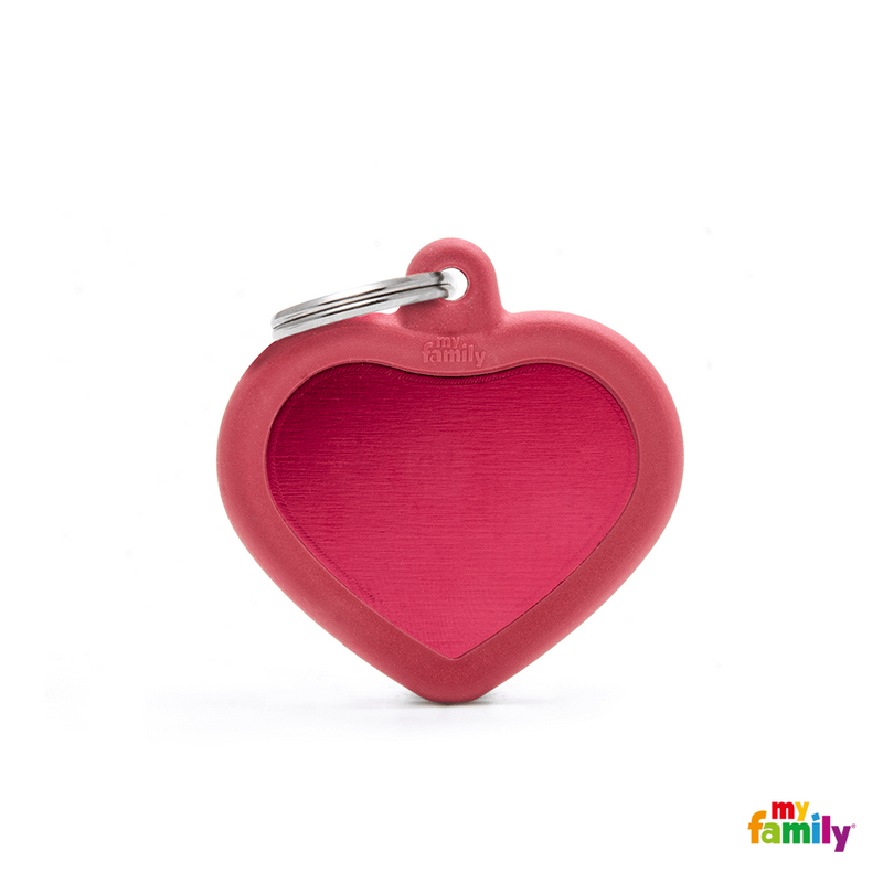 MYFAMILY ID TAG - HUSHTAG COLLECTION - ALUMINIUM RED HEART WITH RED RUBBER - Pisces Pet Emporium