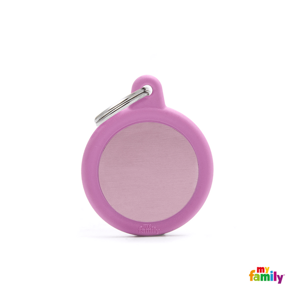 MYFAMILY ID TAG - HUSHTAG COLLECTION - ALUMINIUM PINK CIRCLE WITH PINK RUBBER - Pisces Pet Emporium