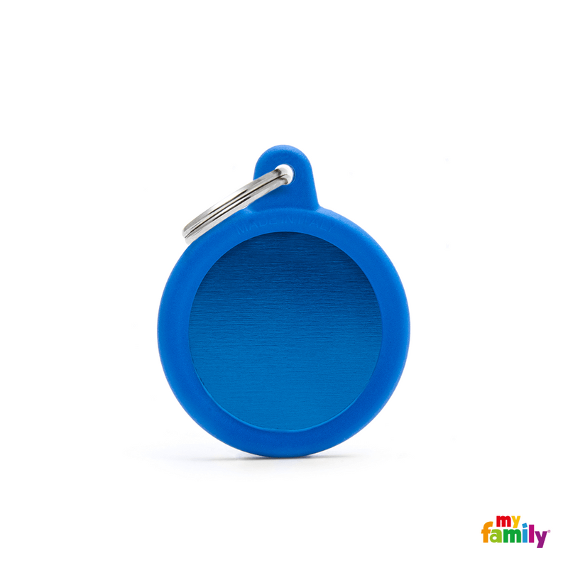 MYFAMILY ID TAG - HUSHTAG COLLECTION - ALUMINIUM BLUE CIRCLE WITH BLUE RUBBER - Pisces Pet Emporium