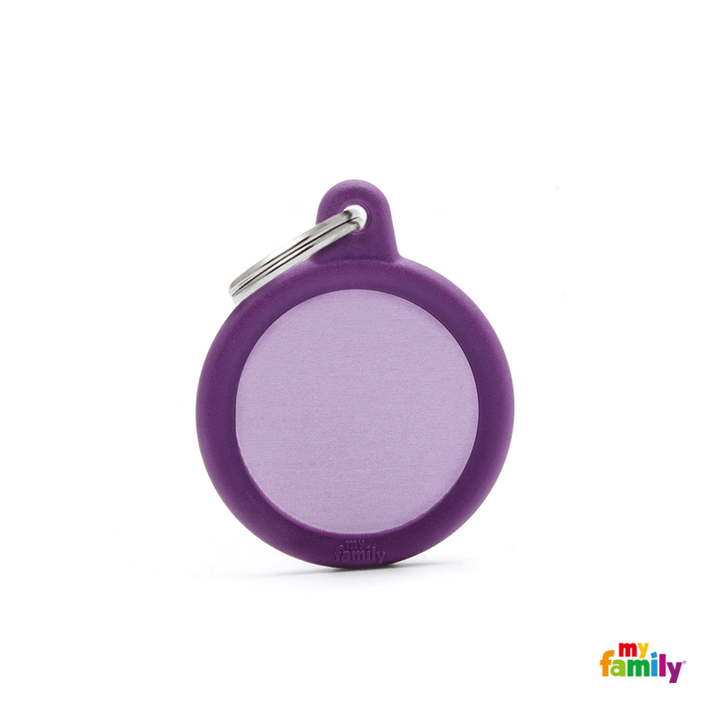MYFAMILY ID TAG - HUSHTAG COLLECTION - ALUMINIUM PURPLE CIRCLE WITH PURPLE RUBBER - Pisces Pet Emporium