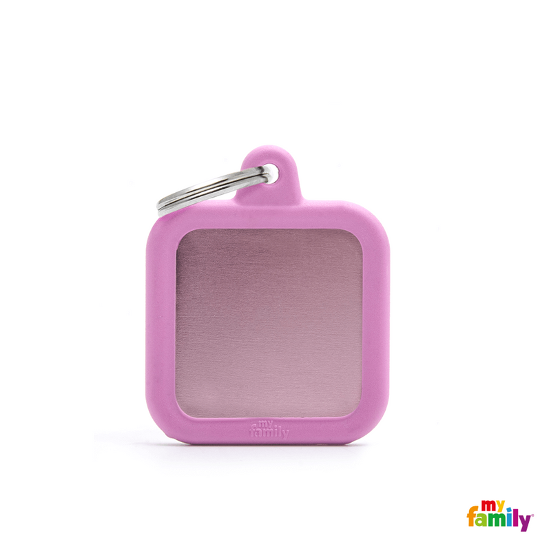 MYFAMILY ID TAG - HUSHTAG COLLECTION - ALUMINIUM PINK SQUARE WITH PINK RUBBER - Pisces Pet Emporium