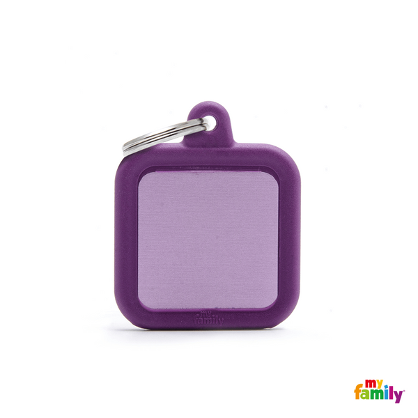 MYFAMILY ID TAG - HUSHTAG COLLECTION - ALUMINIUM PURPLE SQUARE WITH PURPLE RUBBER - Pisces Pet Emporium