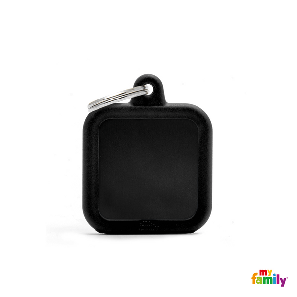 MYFAMILY ID TAG - HUSHTAG COLLECTION - ALUMINIUM BLACK SQUARE WITH BLACK RUBBER - Pisces Pet Emporium