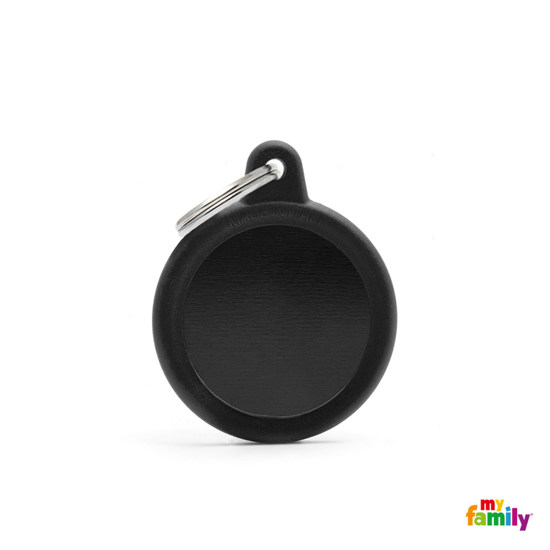 MYFAMILY ID TAG - HUSHTAG COLLECTION - ALUMINIUM BLACK CIRCLE WITH BLACK RUBBER - Pisces Pet Emporium